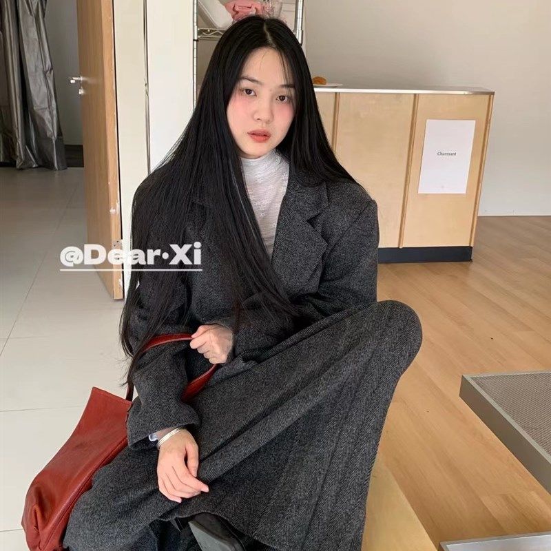 日了个韩宽松复古中长款加棉毛呢西装外套+高腰百褶半身裙套装