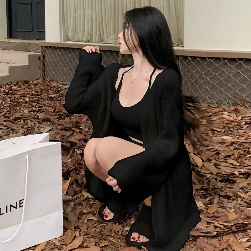 套装2022秋冬新款中长版开衫外套内搭背心半身裙马海毛衣三件套女