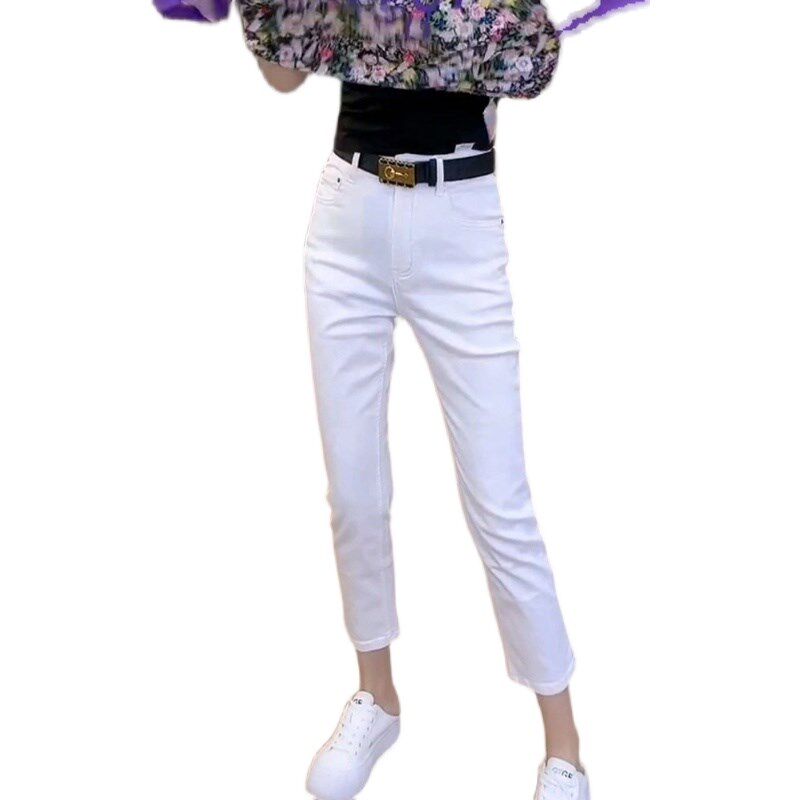 大码浅色烟管直筒牛仔裤女夏季薄款米白小个子女士窄版显瘦裤子