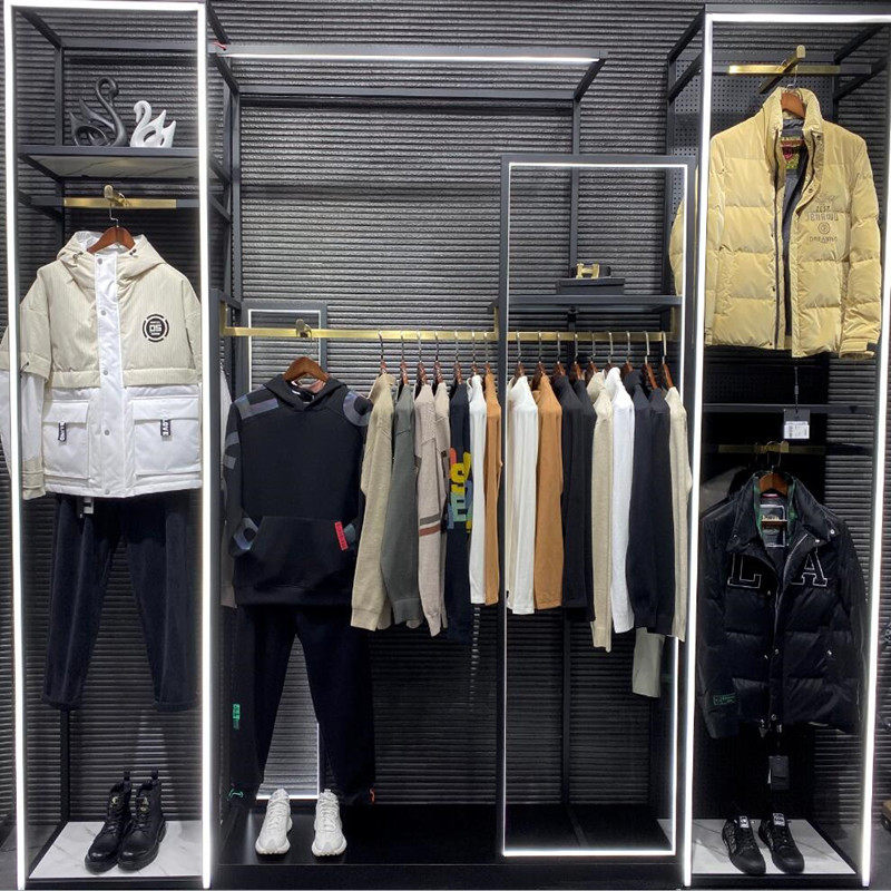 服装店货架落地式展示架带灯挂衣架男女装店中岛柜挂衣服架子铁艺