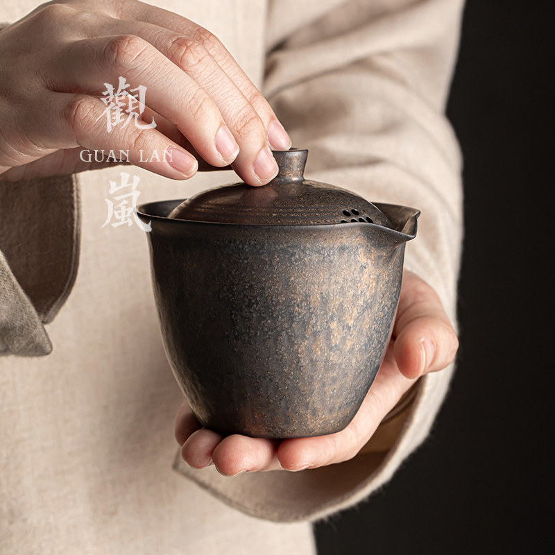 观岚中式复古粗陶盖碗仿古手工鎏金手抓壶家用陶瓷泡茶碗功夫茶具