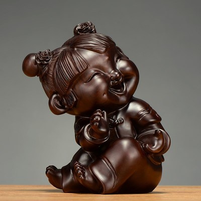 黑檀木雕童男童女摆件创意可爱笑口常开家居装饰实木质雕刻工艺品