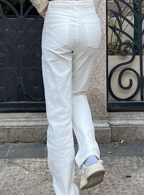白色窄版阔腿直筒牛仔裤女2024年夏季新款高腰显瘦弹力堆堆烟管裤