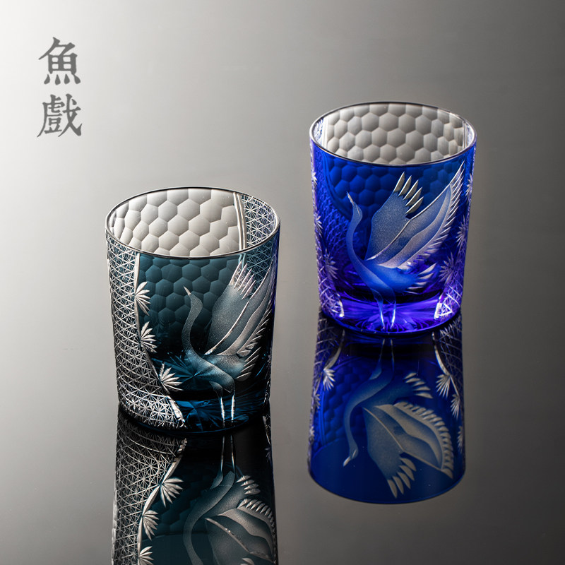 日式江户切子水晶玻璃杯水杯手工创意松鹤高颜值威士忌酒杯主人杯