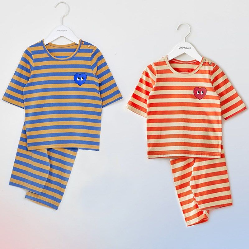 儿童睡衣夏季薄款条纹女童家居服7分袖男童空调服短袖宝宝套装A类