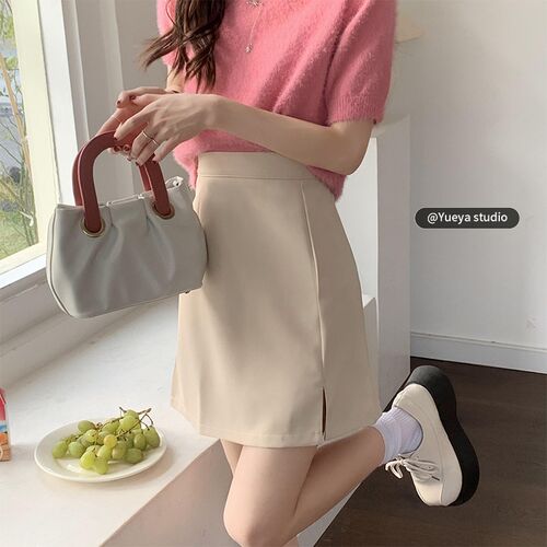 西装短裙女2022夏季咖色百搭显瘦开叉高腰A字半身裙甜辣风包臀裙