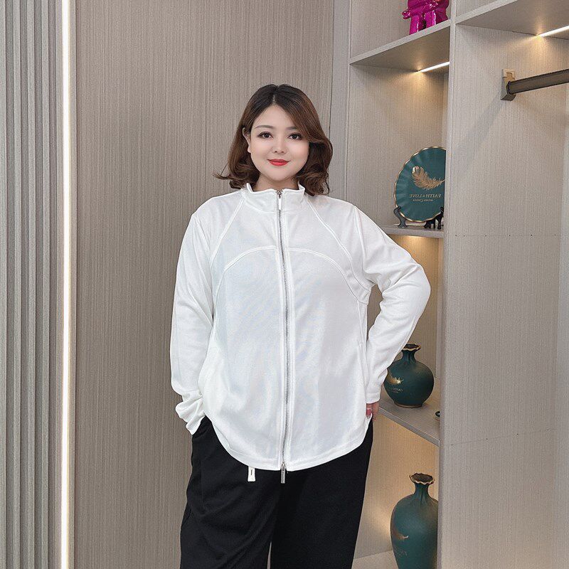 春秋大码女装胖mm宽松显瘦休闲双拉链开衫外套女长袖立领卫衣外套