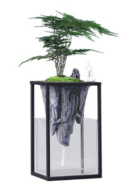迎客松盆景室内鱼缸盆栽山水倒影客厅摆件玄关茶室书房绿植造景