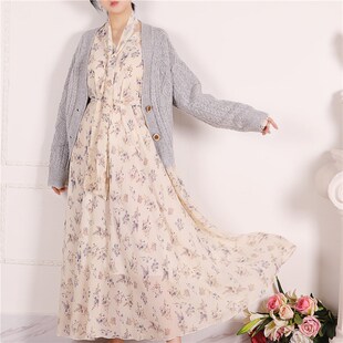 秋季新款长袖连衣裙女雪纺飘逸长裙碎花法式微胖大码遮肚显瘦裙子
