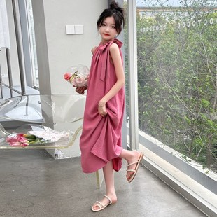 女童裙子夏季中大儿童洋气时髦法式度假风挂脖沙滩长裙海边连衣裙