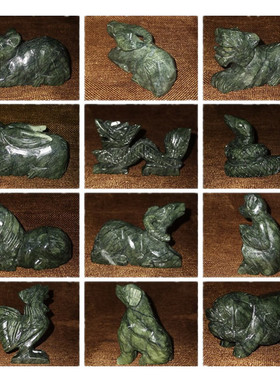 天然墨绿色南玉碧玉石12十二生肖蛇属相小动物汽车摆件全套手把件