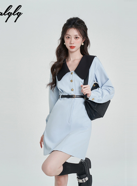 学院风蓝色娃娃领连衣裙女长袖春秋2024新款高级感气质收腰a字裙