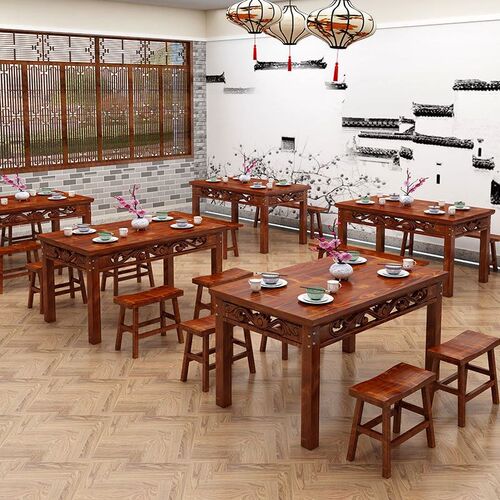 碳化实木饭店快餐面馆桌椅组合雕花复古小吃烧烤火锅餐厅长方形桌