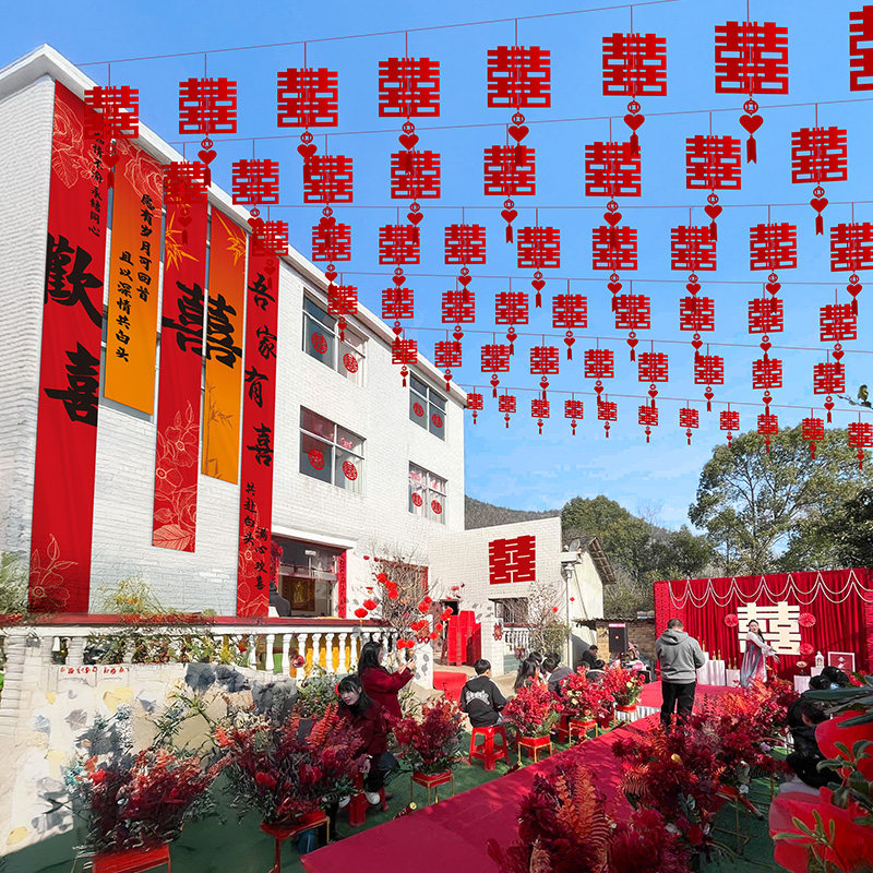 结婚婚庆农村院子庭院现场装饰布置用品全套室外喜字灯笼挂布拉花