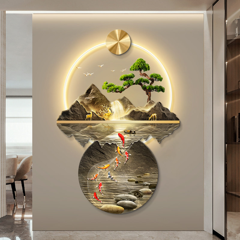 带灯玄关装饰画2024年新款高端入户正对门走廊尽头过道挂画山水画