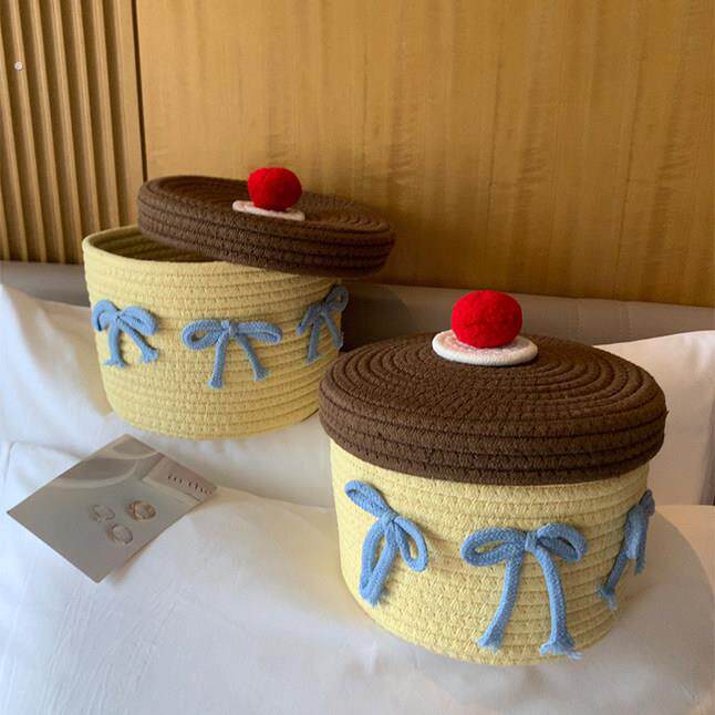 奶油风棉线编织收纳筐可爱创意收纳篮宿舍卧室桌面收纳盒带盖防尘