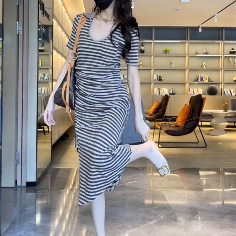 设计感条纹侧开叉连衣裙女夏季气质抽褶可调节收腰显瘦小U领长裙,女装/女士精品,连衣裙,淘宝优惠券,粉丝福利购,淘宝优惠卷
