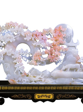 天然玉石迎客松摆件新中式仿真松鹤延年家居客厅玄关柜装饰品摆设