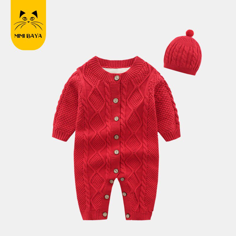 婴儿衣服秋冬套装男女宝宝连体衣针织毛衣满月哈爬服加绒加厚过年