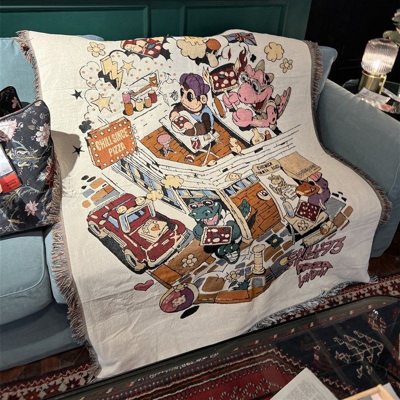 美式趣味复古沙发毯 卡通插画午睡毯盖毯针织毛毯挂毯床毯床尾巾,床上用品,休闲毯/毛毯/绒毯,淘宝优惠券,粉丝福利购,淘宝优惠卷