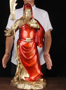 铜关公摆件 铜聚宝盆关公摆件 铜关羽  武圣关公铜像摆件