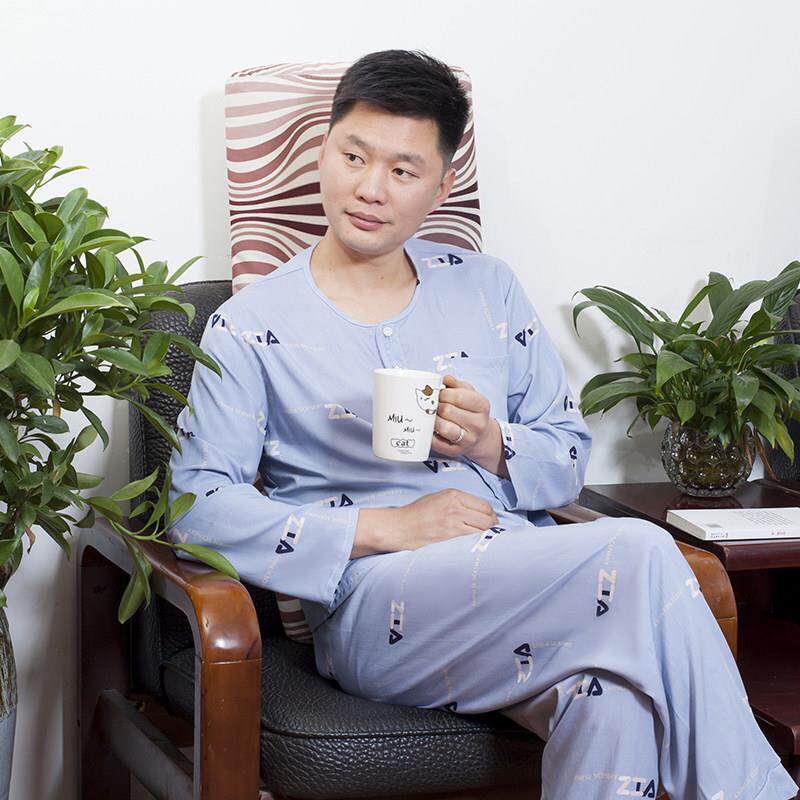 夏季男士棉绸长袖长裤睡衣裤套组薄款宽松绵绸休闲东方绸透气家居