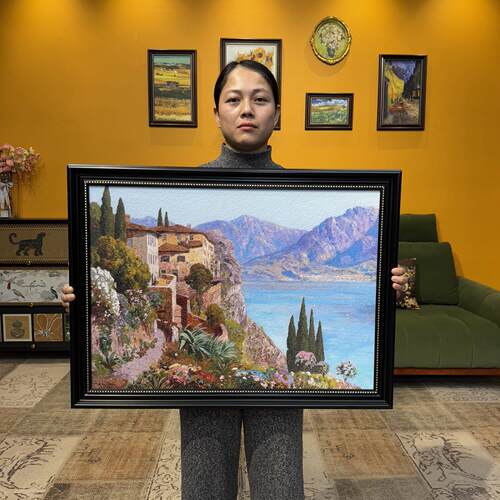 法式欧式砂岩装饰画玄关卧室饭厅背景横版挂画G003城堡山水6080