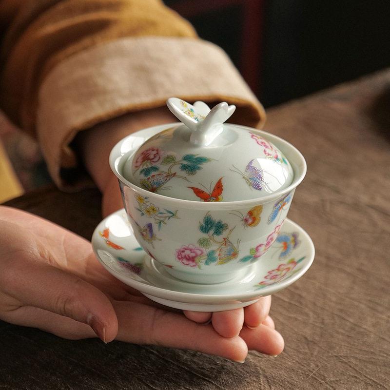 珐瑯彩三才盖碗单个高端泡茶碗创意中式复古蝴蝶功夫泡茶碗白粉色