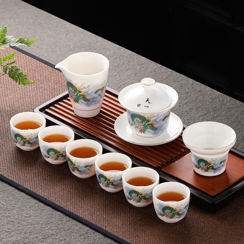 羊脂玉瓷三才盖碗茶杯功夫茶具套组整套家用沏茶盖碗泡茶器礼盒装
