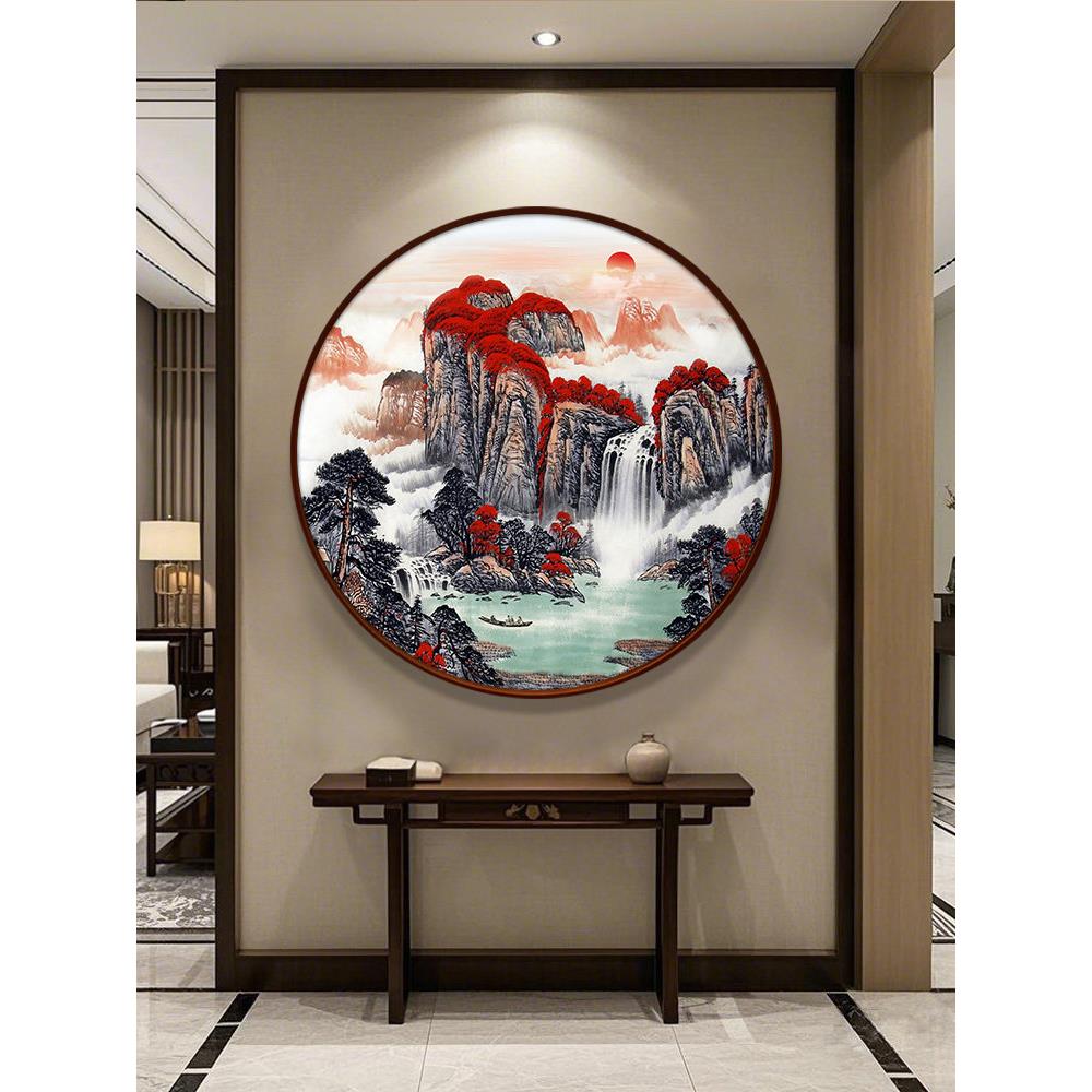 入口装饰画福头挂画圆泰山靠山壁画中国风客厅办公室山水画
