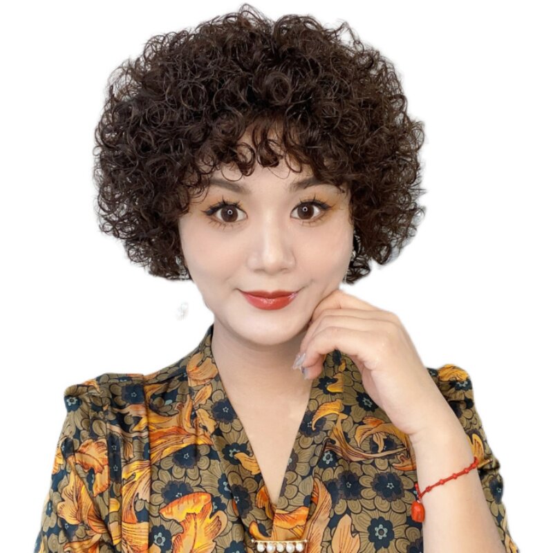 假发女短卷发斜刘海羊毛卷真人发丝假发套整顶女士蓬松盖白发减龄