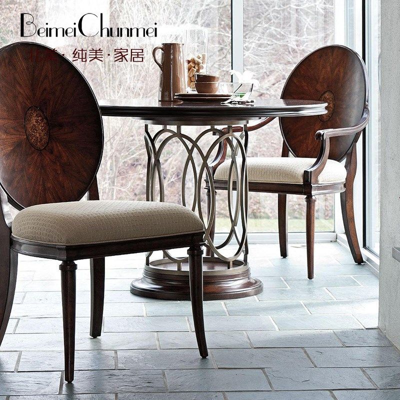 美式乡村别墅实木做旧吃饭桌欧式五金6人位圆餐桌椅全屋家具定制