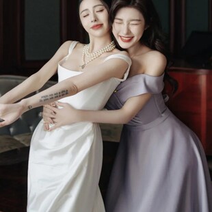 伴娘服一字肩女简约显瘦宴会大气轻奢小个子高级感主持人连衣裙夏