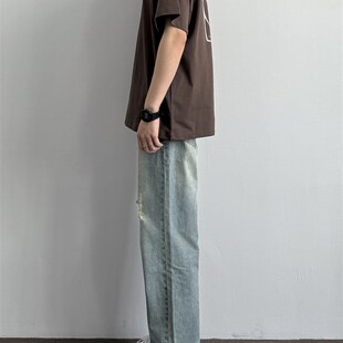 浅蓝色显瘦显高休闲长裤 ONUN复古水洗做旧破洞宽松直筒牛仔裤 美式