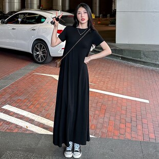 黑色长款长裙短袖连衣裙女夏季垂感宽松显瘦气质裙子高级感A字裙