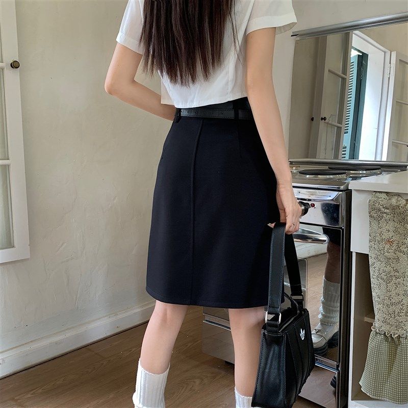 大码灰色高级感西装腰带半身裙女春夏款高腰显瘦休闲百搭A字中裙