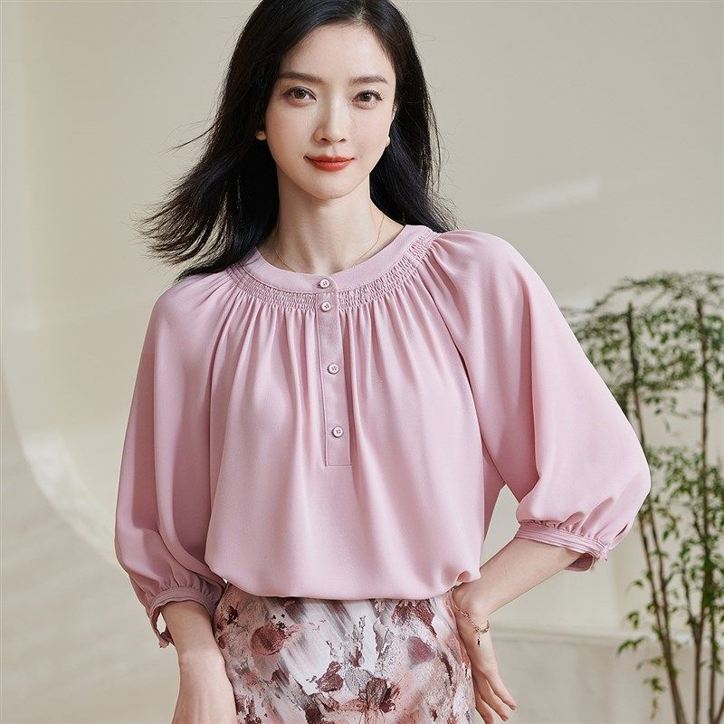 米思阳2025春季新款简约设计感圆领衬衫宽松舒适七分袖上衣女0550