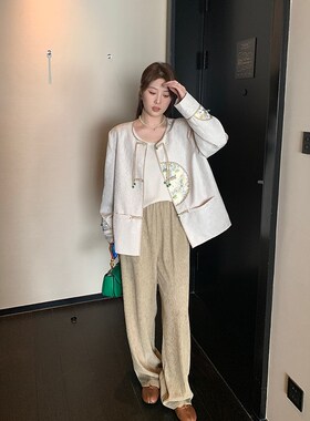 NAZ那子大码秋季新款高腰肌理感水波纹长裤胖mm垂感阔腿休闲裤女