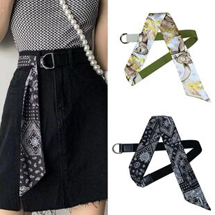帆布拼丝巾腰带女配连衣裙子装饰牛仔裤带双环扣个性美式皮带百搭