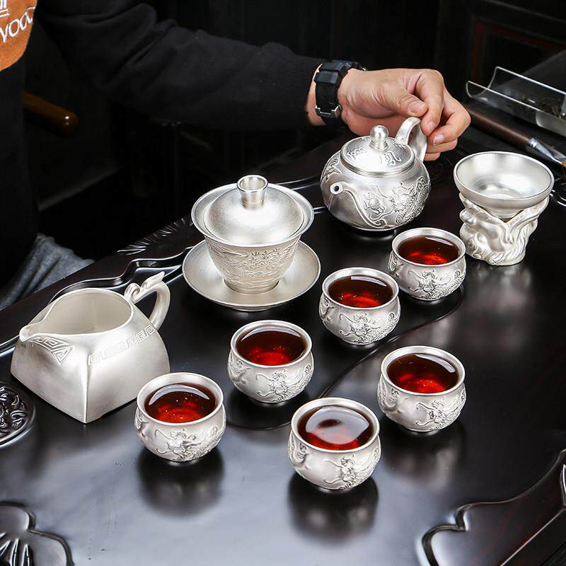 纯手工浮雕鎏银功夫茶杯茶壶盖碗套装瓷鎏银送礼品养生会客银茶具
