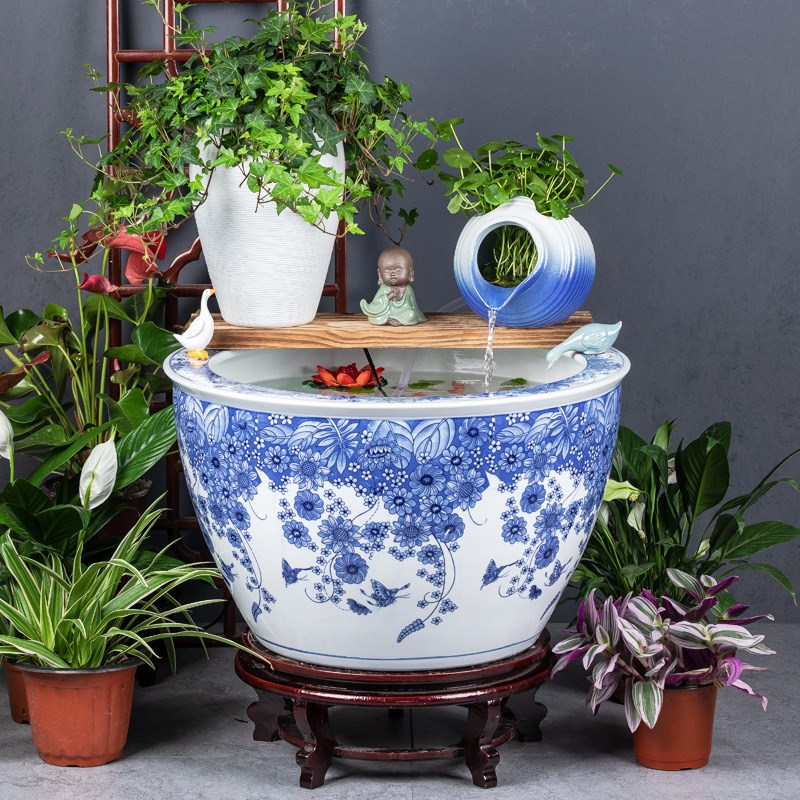 庭院大缸景德镇青花瓷水缸金鱼缸荷花缸陶罐循环流水造景水缸摆件