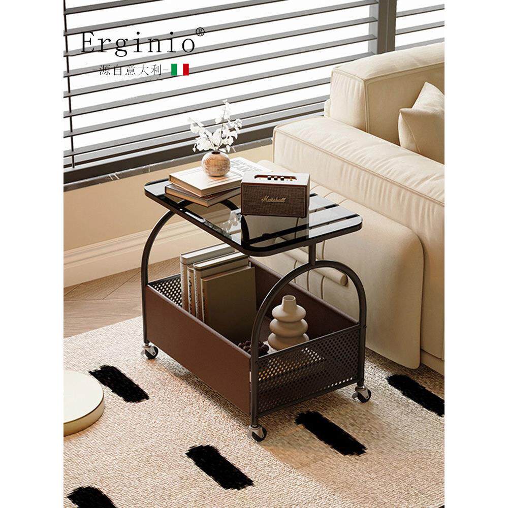 Erginio意大利可移动客厅沙发玻璃边几小茶几卧室床边带轮小推车