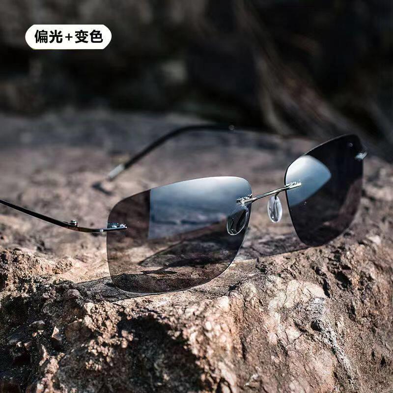 新款无框太阳镜男超轻方形偏光墨镜司机开车驾驶小框炫彩太阳眼镜