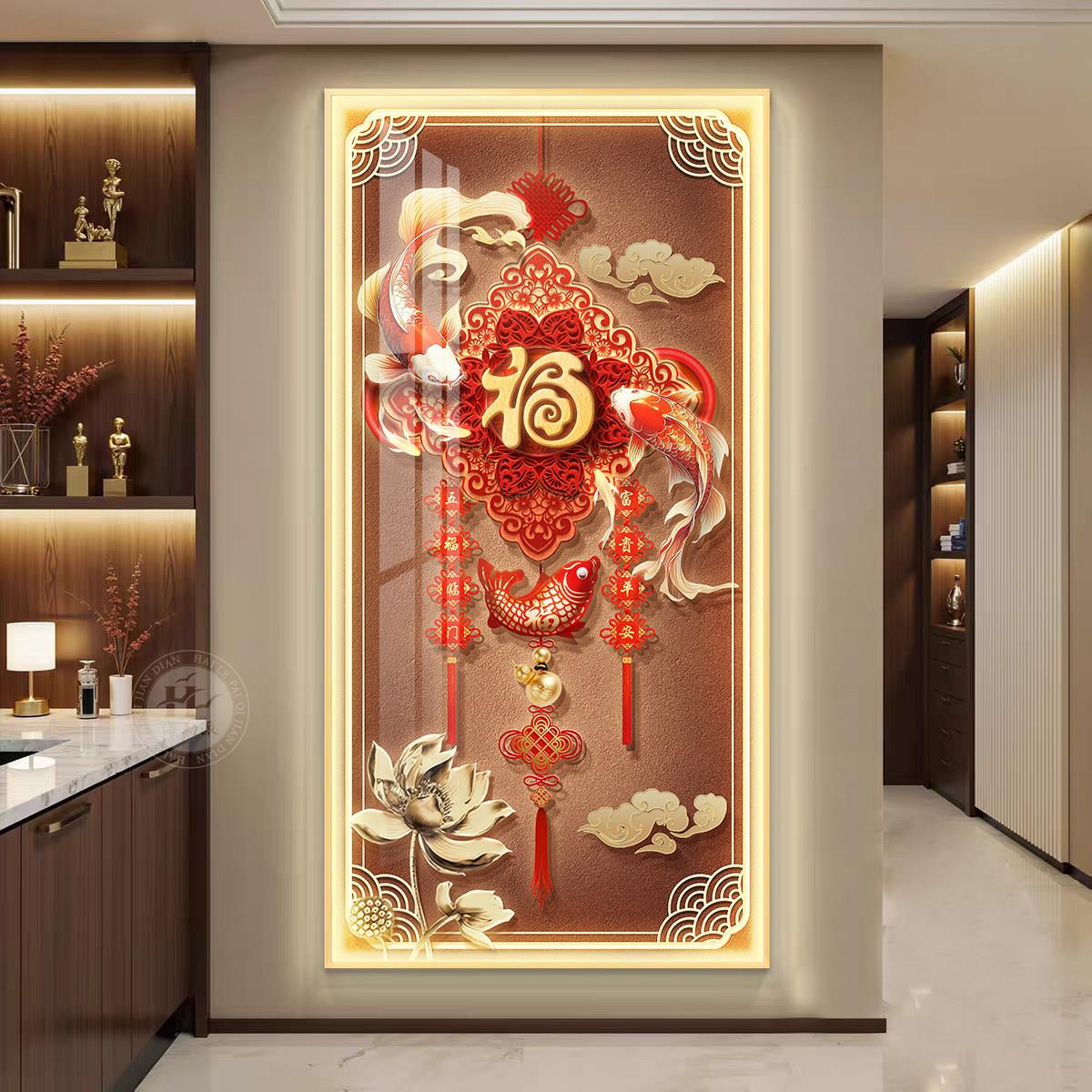 新中式锦鲤玄关装饰画高级感入户正对门挂画led带灯走廊过道壁画