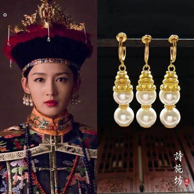 如懿传同款耳环耳夹寒香见富察皇后一耳三钳玛瑙珍珠耳坠古风耳饰