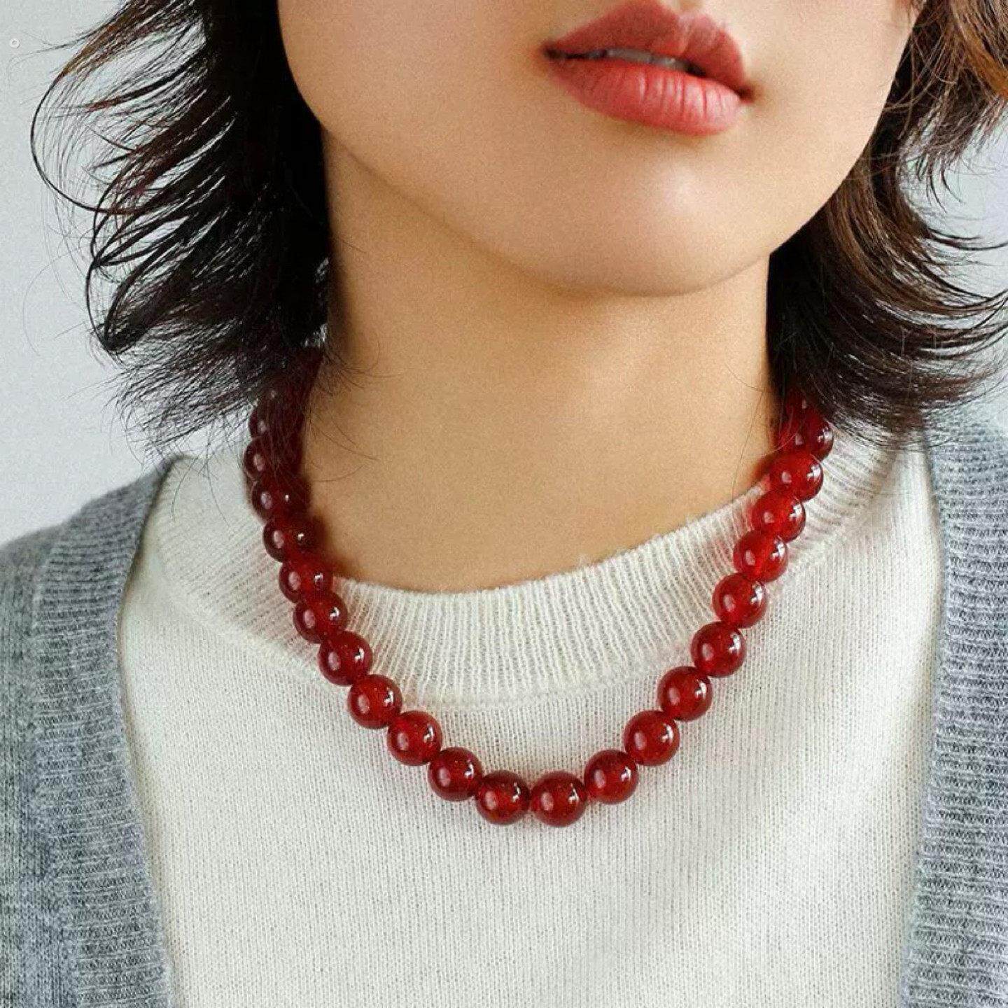 宝儿姐同款欧美复古红玛瑙圆珠手工串项链女个性小众高级锁骨颈链