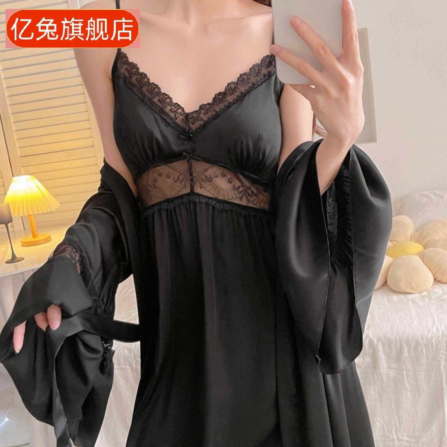 缎面质感丝绸睡裙新款蕾丝冰丝弹力睡袍女吊带裙套装长睡裙