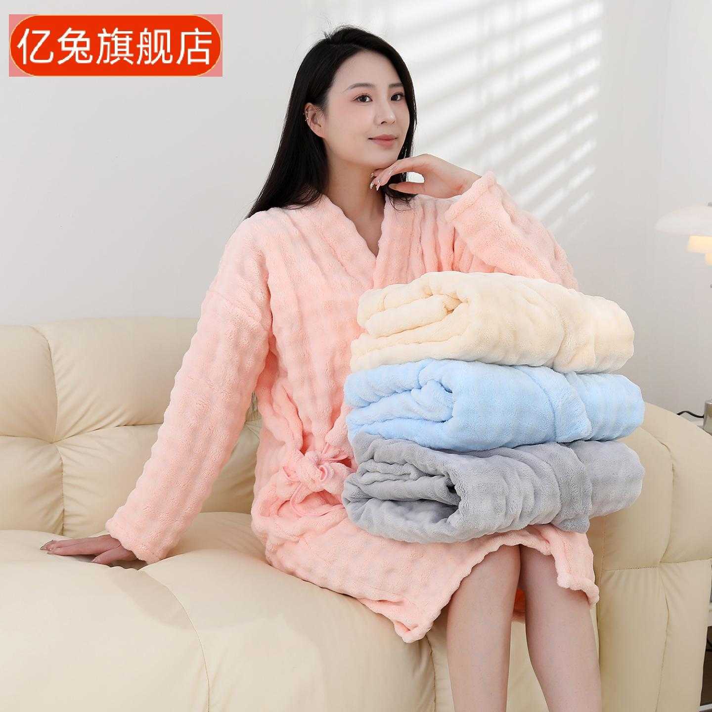 泡泡绒可穿式长袖浴裙女士柔软吸水抗菌干发帽成人居绑带浴袍