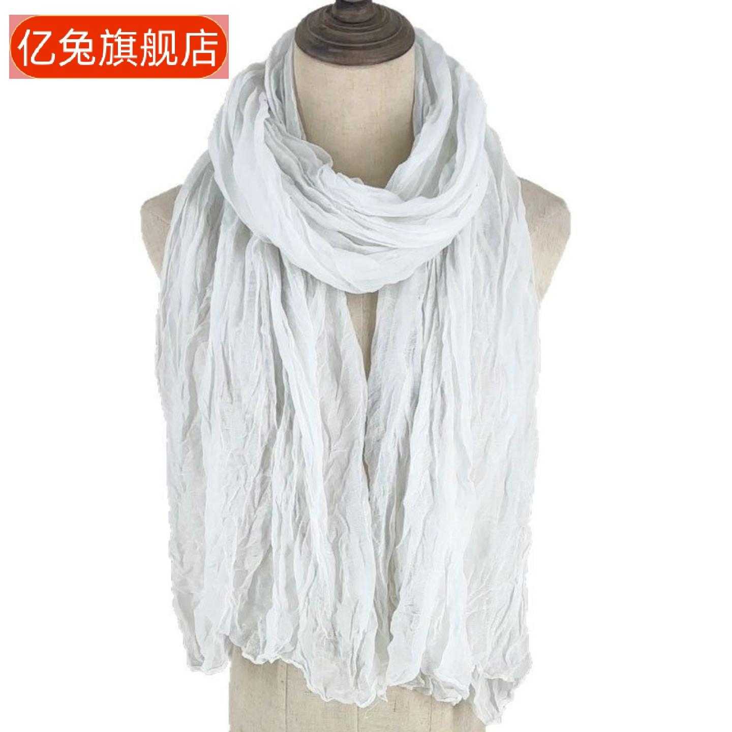 出口热销纯色压皱围巾女文艺休闲棉麻领巾百搭护颈围脖防晒丝巾