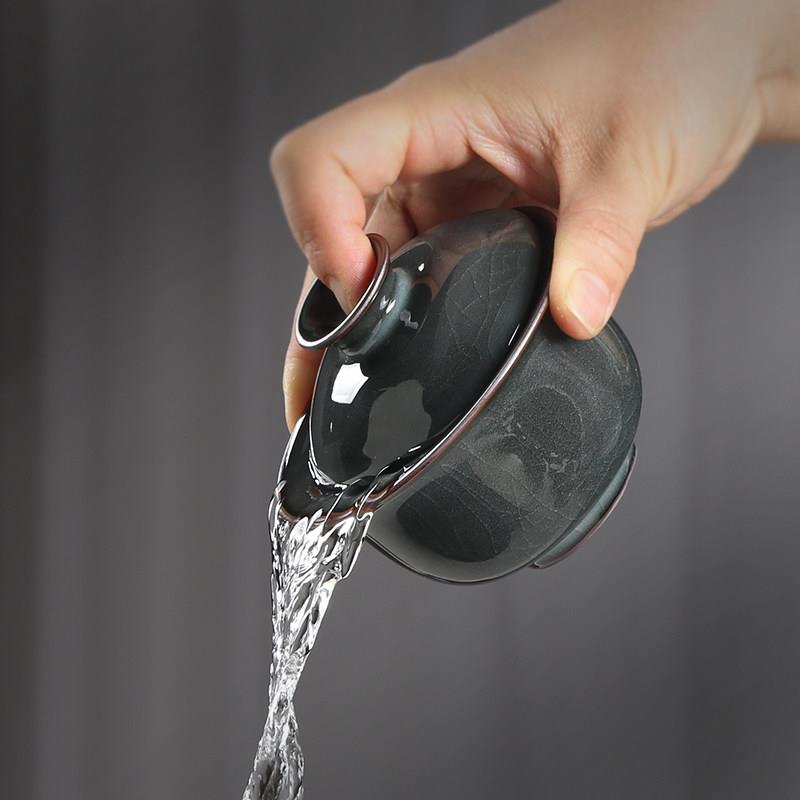 龙泉铁胎哥窑青瓷功夫茶具盖碗组 手抓不烫陶瓷薄胎茶器